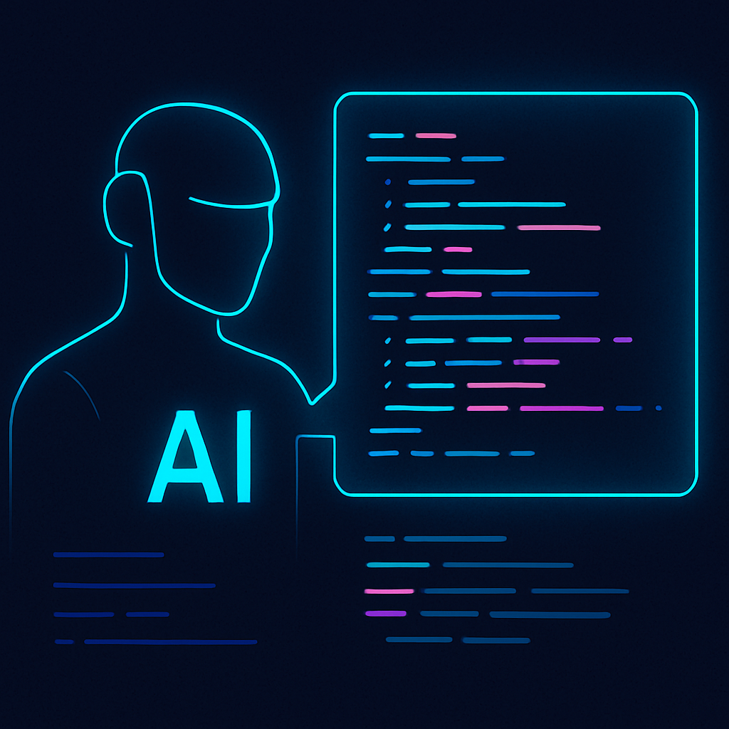 Futuristic interface displaying AI-generated code snippets with neon blue and purple gradients