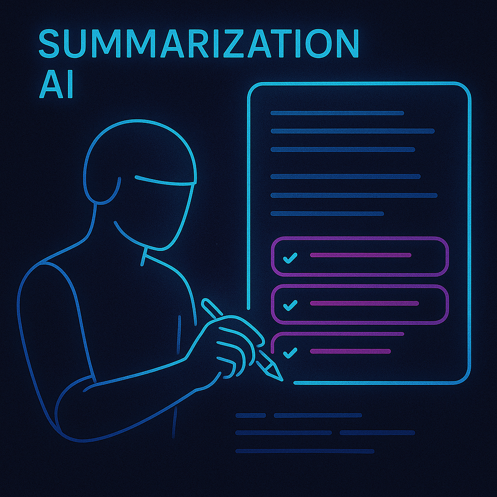 Sleek text summarization dashboard with glowing text overlays and holographic effects